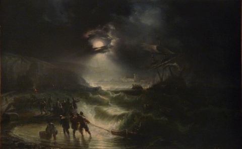 GUDIN, Th. Noche de tormenta, óleo. Mide: 51.5 x 80.5 cm.