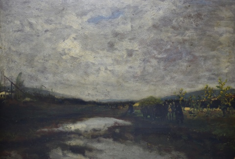 Berkes, Antal, Paisaje fluvial con carro y personajes, óleo. 71 x 97 cm.