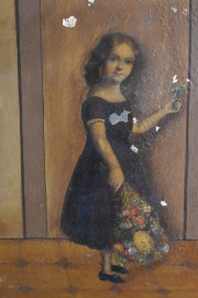 Anónimo, Niña con Flores, óleo con saltaduras. Mide 23 x 19 cm.