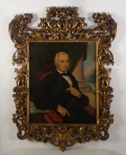 Anonimo, Retrato de Personaje masculino  trajeado sentado sobre sillón rojo, marco dorado..