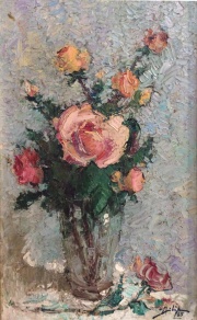 FILIP, Demetrio, Vaso con rosas, óleo Año 1965 de 47 x 28 cm. Al dorso cachet 'Galeria Argentina'