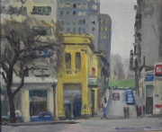 Heynemann, David. Calle de Buenos Aires, óleo sobre cartón firmado y fechado 9/59. Mide: 24 x 30 cm.