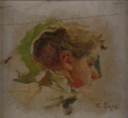Sala, E. JOVEN DE PERFIL, boceto pintado al óleo sobre cartón entelado. Firmado E.Sala. 19 x 19 cm.