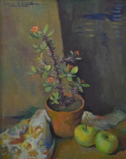 De Luca, Arturo 'Maceta con flores y fruta', óleo sobre tela 50 x 43
