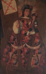 Virgen con donante, óleo sobre tela, marco madera tallado. Mide: 65 x 45 cm.