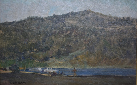Ortolani, Dante, Personajes junto al Lago, óleo. Mide: 35 x 42 cm.