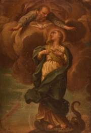 Virgen con Dios Padre. Óleo pequeño sobre cobre. 22 x 15,5 cm. Desperfectos.