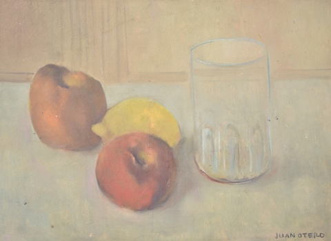 Otero, Juan. Vaso y frutas, óleo de 28 x 38 cm.