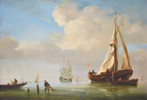 Anónimo. Escuela Holandesa. Pescadores con embarcaciones, óleo sobre tela. Siglo (XIX). Saltaduras-114-