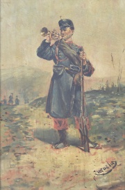 Soldado con trompeta, óleo sobre tabla, firmado a la derecha. -4-