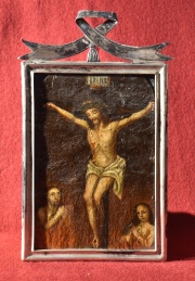 Cristo en la Cruz con ánimas del Purgatorio, miniatura altoperuana al óleo marco plateado.