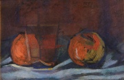 Pettoruti, E. Manzanas y Vaso, óleo 21 x 31,5 cm.
