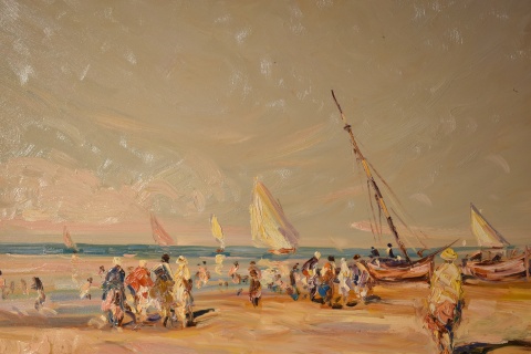 Montoya Ortiz, Playa con personajes, óleo con marco