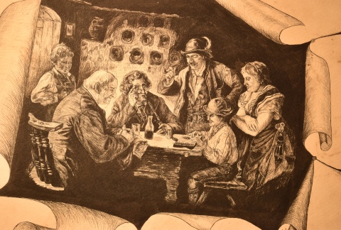 Interior con personajes junto a una mesa, firma ilegle. Oval . Personaje Circular . 2 Piezas