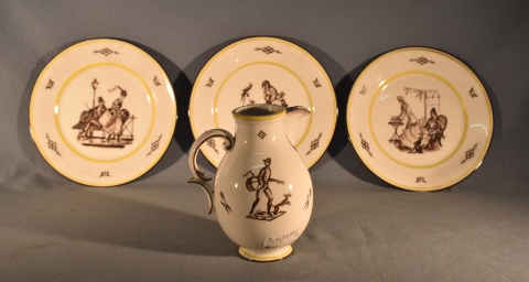 Tres platos y jarra de Nymphemburg, decoración escenas costumbristas.