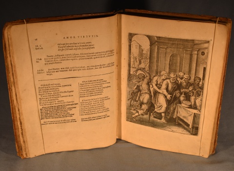 Vaenius, Otto; Quinti Horatii Flacci Emblematta: 1 Vol. 1° hoja averiada. ANTVERPIAE 1612- Pleno cuero, lomo con dorados