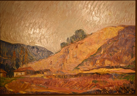 MONTOYA ORTIZ, Heriberto. Paisaje Montañoso, óleo. Mide: 50 x 71 cm.