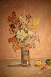 MONTOYA ORTIZ, Heriberto. Vaso con flores, óleo de 90 x 70 cm.