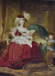 Interior con Madre con Niños, óleo. Inscripción ilegible abajo a la izquierda. Mide: 16,5 x 21 cm.