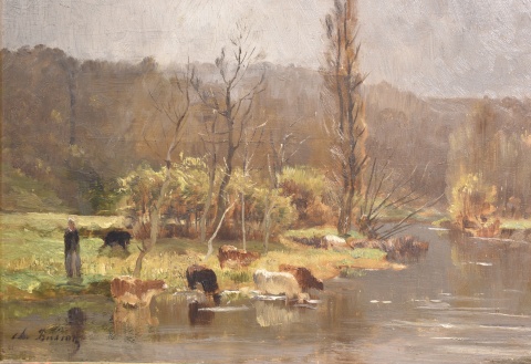 Vacas abrevando, Ch. Busson, óleo 28 x 36 cm