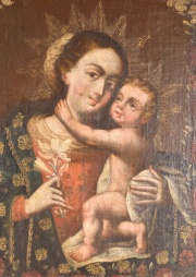 Virgen con Niño, óleo Anónimo sobre tela. Mide: 50 x 38 cm.