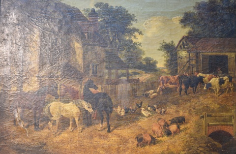 Herring, John F II. Caballos, Vacas y gallinas en el corral oleo, rotura en la tela. 51 x 76,50