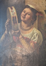 M. Esposito. Mujer Joven con Pandereta, óleo sobre tela cascaduras. 73 x 60 cm.