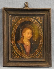 Santa, pintura sobre cobre, deterioros. Casa Veltri. 11,5 x 8,8 cm. Inscripción en latín en forma de óvalo. Siglo XIX.