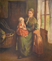 Interior con Madre y niño, óleo firmado Willem Hermannus. Pequeñas averías. Mide: 70 x 60 cm.