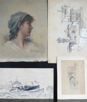 Julio Lessert: Acorazado Argentino, dibujo datado Charlottenbourg 1913. Rostro leo firmado Angela Cernadas y otros. 4 P