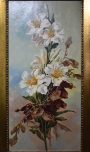 M. R. de La Ini (?). Vaso con flores. M. óleo sobre tela 70 x 34 cm.