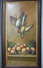 Fami (?) Dos Naturalezas muertas con aves, firmadas Fami. 85 x 39 cm.