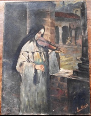 Mencia. A, Monja tocando el violin, óleo sobre lienzo. Deterioros
