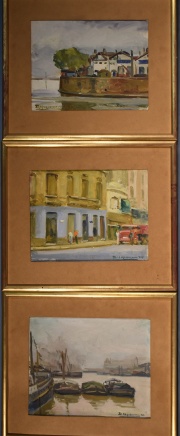 Heynemann, David 'Ciudad Costera, Calle y Barcos', tres leos sobre tela. Miden: 22,5 x 28,5 cm.