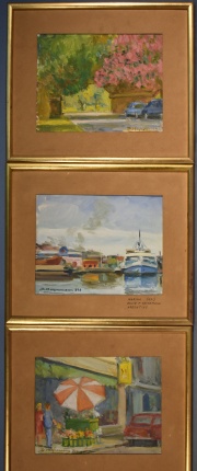 Heynemann, David 'Paisaje, Barcos y Calle', tres óleos sobre tela. Miden: 22,5 x 28,5 cm.