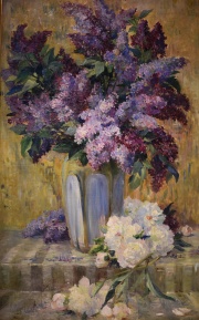 Vaso con flores, óleo restaurado. Firmado R. Rousseau Decelle Restauraciones. Mide: 115 x 73 cm.