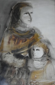 Presta, María.  Madre e hijas, técnica mixta de 69 x 47 cm.