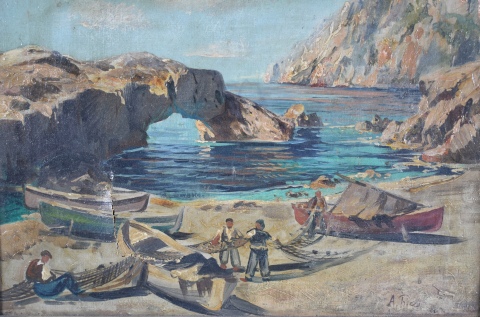 Ricci, A. Paisaje costero con pescadores, óleo restaurado. Averías. 29 x 38 cm.