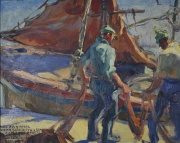 Paisaje costero con pescadores, óleo dedicado y fdo. C. Ciocchini. 23 x 28 cm.