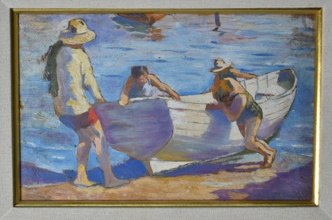 Escena costera con bote y personajes en una playa, óleo. 19 x 30 cm.