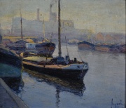 Justo Lynch, Barcos en el puerto, dos óleos de 20 x 25 cm.