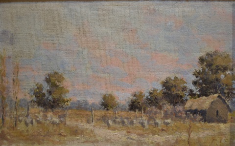 Carlos de la Torre, Paisaje con Rancho y ovejas, óleo de 13 x 20 cm.