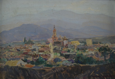 Enrique Rodríguez, Alrededores de Salta, óleo de 20 x 30 cm. Año 1959. Cachet de Gal. Witcomb. Certif. al dorso.
