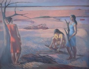 Fernandez Navarro, César. Mujeres recogiendo leña, óleo sobre tela de 100 x 80 cm