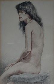 J.Lascano, Desnudo, dibujo, año 1980 de 30 x 20 cm. Cachet de Gal. Palatina. Expo. 982.