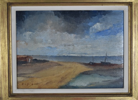 M.A. Esgrelli, Viejo Puerto, óleo 1968 de 18 x 23 cm. Cachet de GAl. argentina.