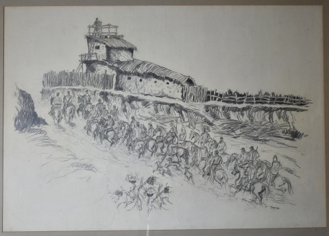 J.C. Huergo, Vuelta al Fortín, dibujo al lápiz de 43 x 61 cm.