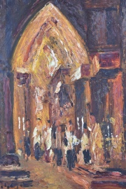 Interior de Iglesia, óleo de 26 x 19 cm. Firma ilegible.