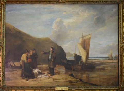 Williams Collins, 'A fish auction on the South coast of Devonshire' óleo de 85 x 116 cm. Marco con deterioros.