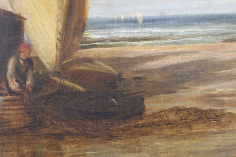 Williams Collins, A fish auction on the South coast of Devonshire óleo de 85 x 116 cm. Marco con deterioros.